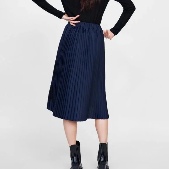 ZARA BLUE BLACK PLEATED MIDI SKIRT BLACK LACE DETAIL BRAND NEW